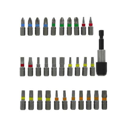 Kit de 31 puntas de atornillado Torx, Seguridad, Phillips y Planas con código de colores y soporte magnético