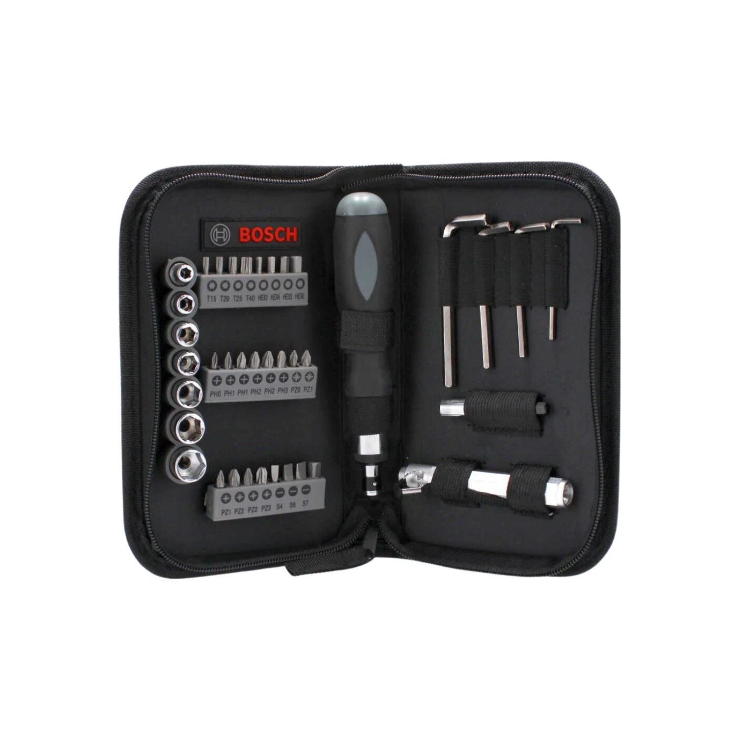 Set de puntas Bosch con destornillador, llaves Allen, dados y bits Torx/Phillips en estuche negro compacto.