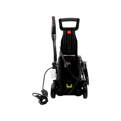 Hidrolavadora eléctrica negra con ruedas, pistola de agua y dispensador de jabón, vista posterior