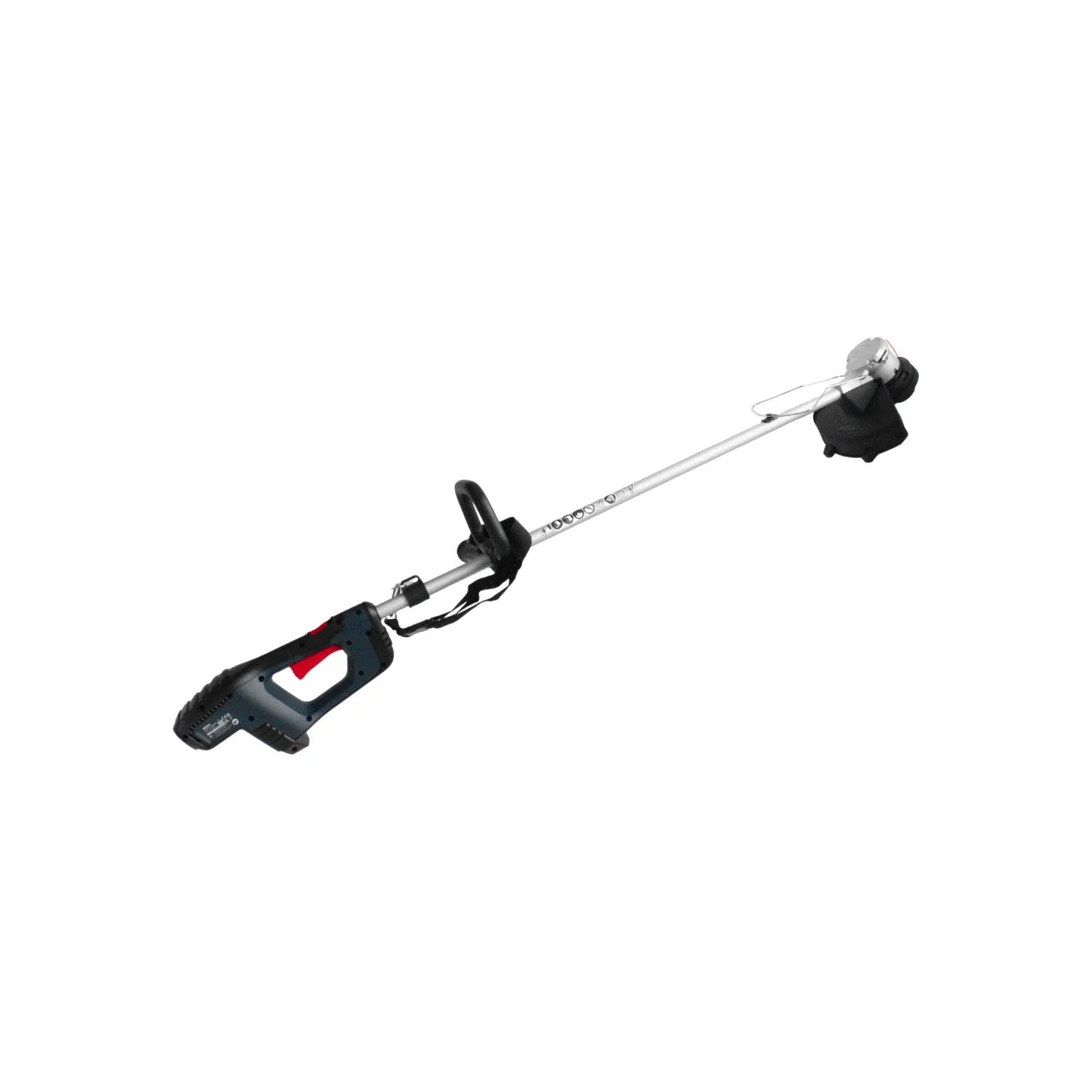 Desbrozadora inalámbrica Bosch 18V para cortar césped y maleza, diseño ergonómico en azul y negro.