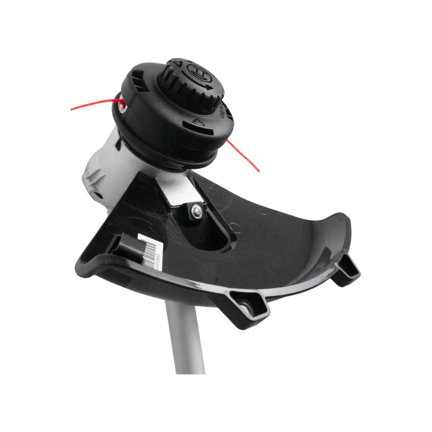 Cabezal de recortadora de césped con hilo de nylon rojo, protector de seguridad negro y eje gris.