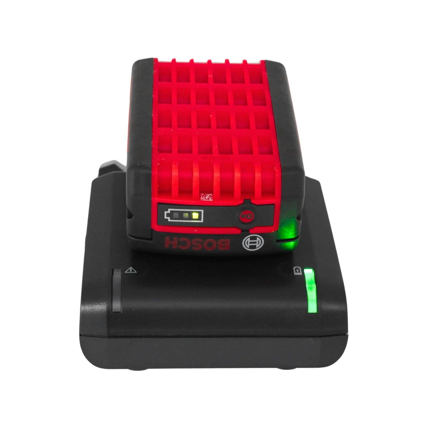 Cargador rápido Bosch para batería de herramienta inalámbrica roja y negra, con luz verde indicando carga.