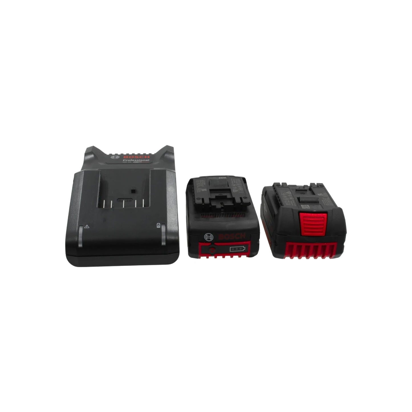 Cargador rápido Bosch Professional y dos baterías de litio 18V, negras y rojas, para herramientas inalámbricas