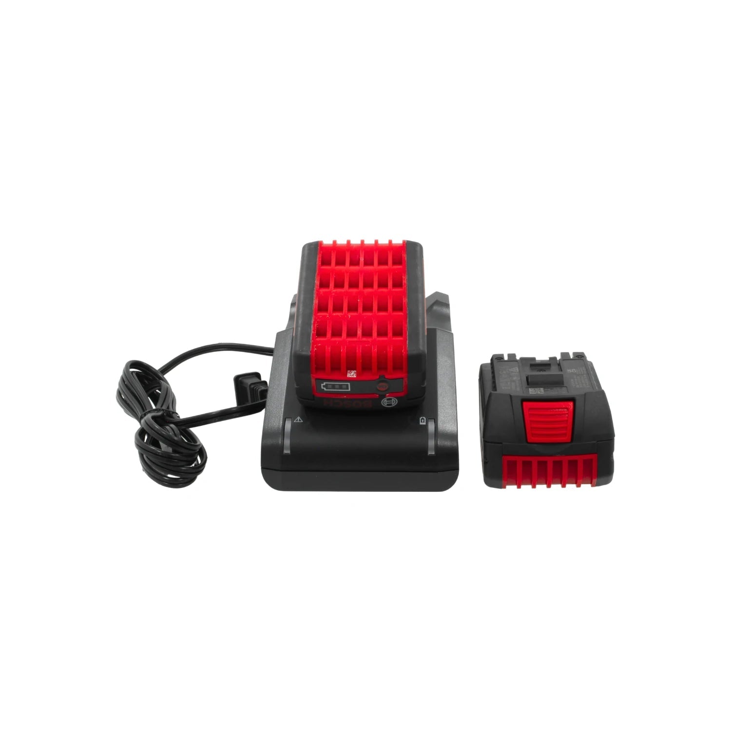 Cargador Bosch y dos baterías de ion de litio de 18V negras con detalles rojos para herramientas eléctricas