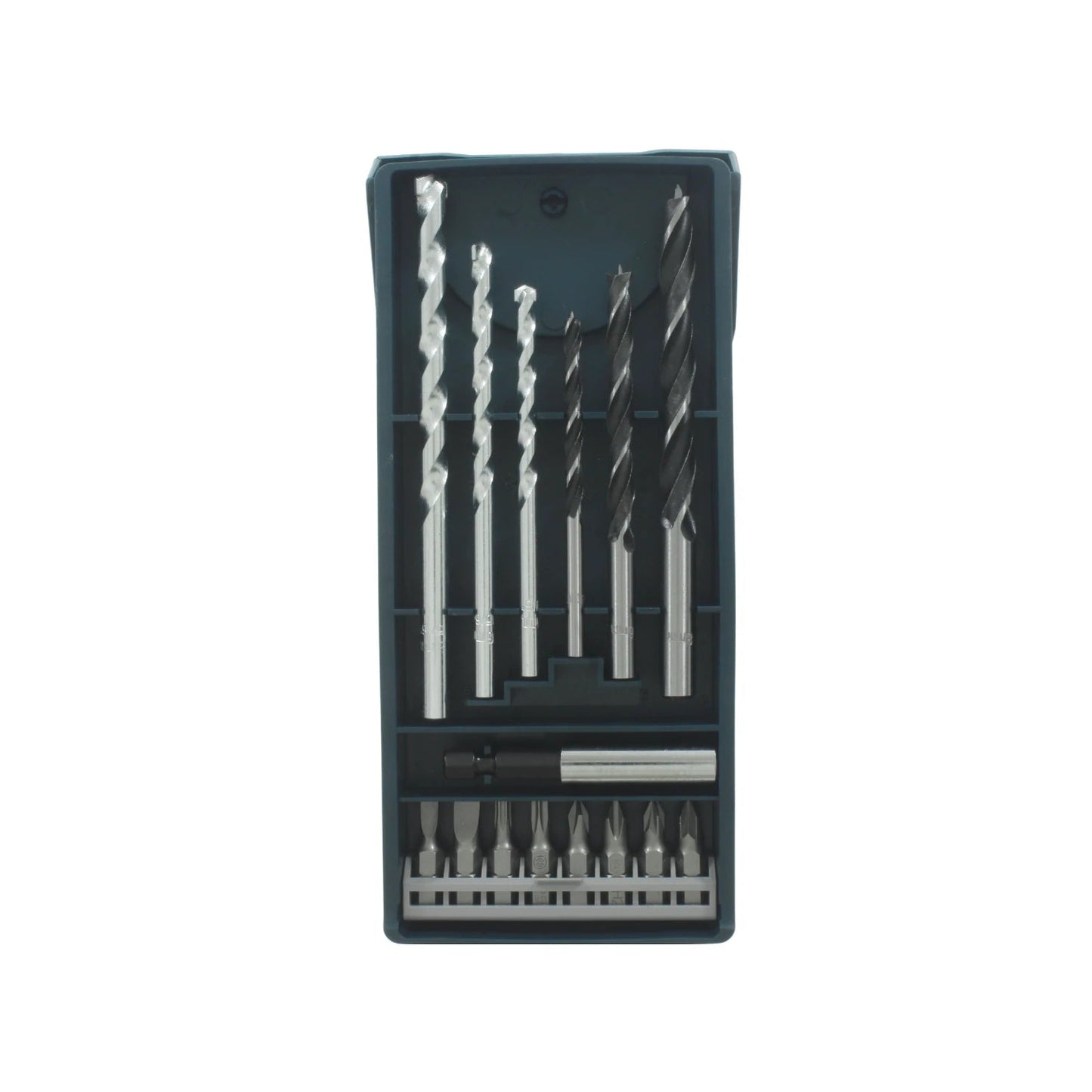 Juego de brocas y puntas Bosch de 15 piezas para metal, madera y atornillado, en estuche organizador.