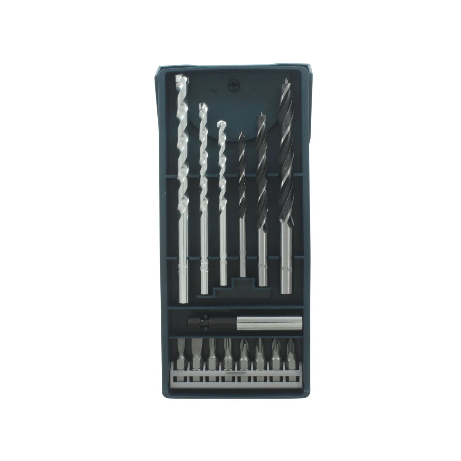 Juego de brocas y puntas Bosch de 15 piezas para metal, madera y atornillado, en estuche organizador.