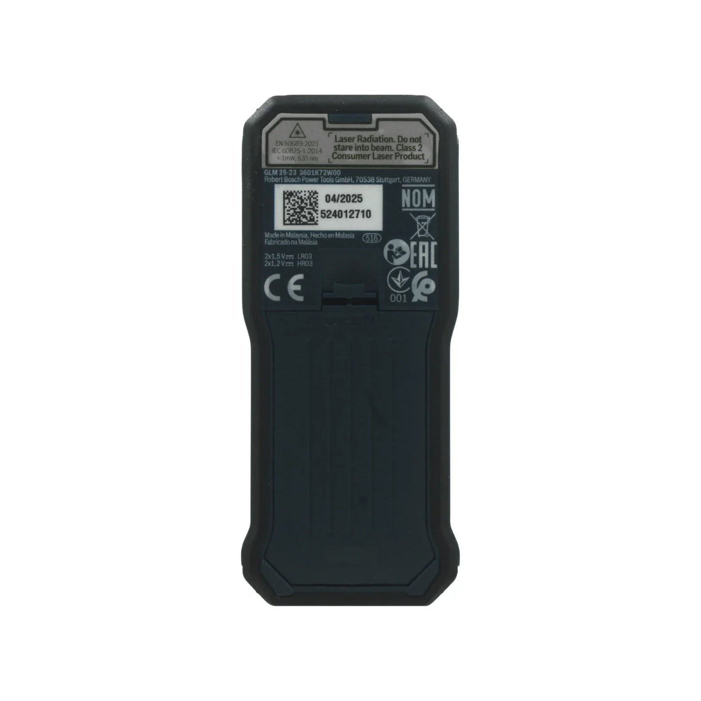 Medidor láser Bosch GLM 25-23 negro. Vista posterior mostrando etiquetas reguladoras y compartimento de baterías.