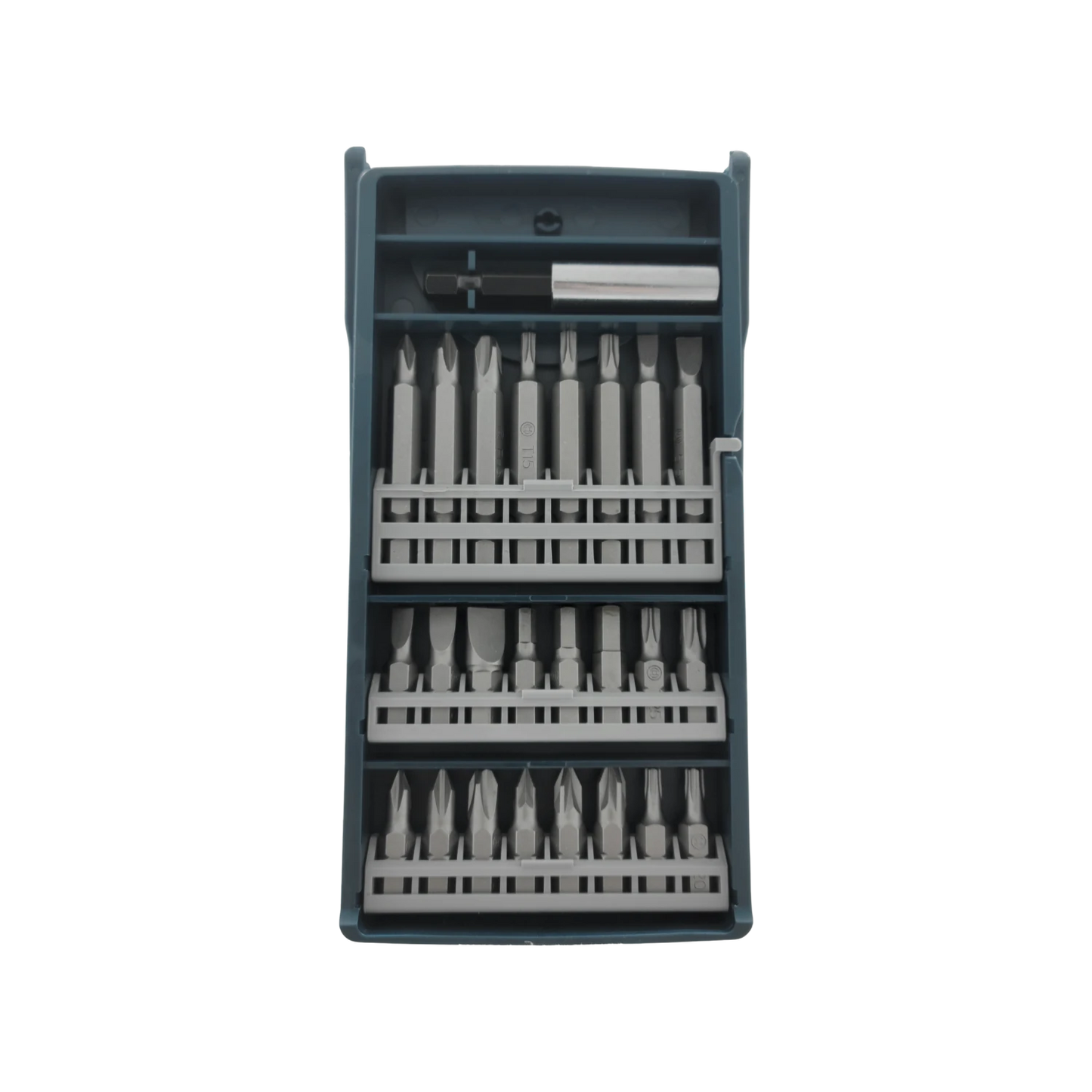 Juego de puntas de atornillador con Phillips, planas, Torx (T15, T20) y porta-puntas magnético en estuche azul gris.