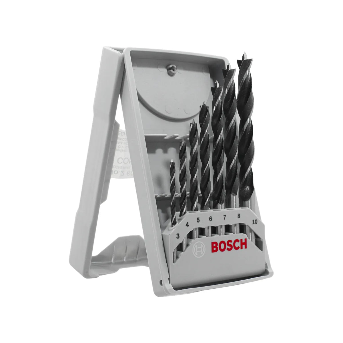 Set de 7 brocas Bosch para madera de 3 a 10 mm con punta de centrar y estuche organizador gris.
