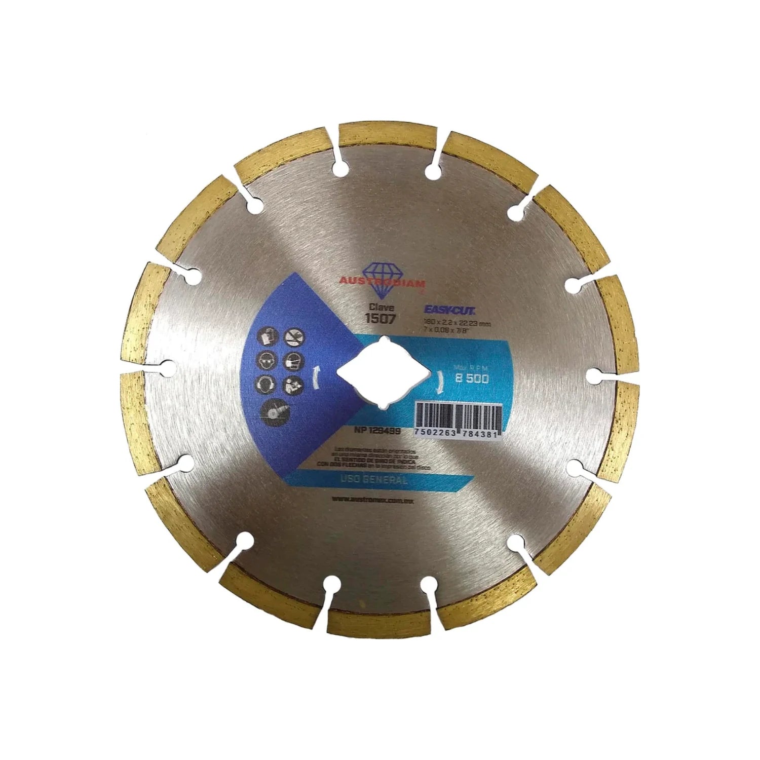 Disco diamantado segmentado Austrodiam 1507 EASYCUT 7" uso general, plata con segmentos dorados