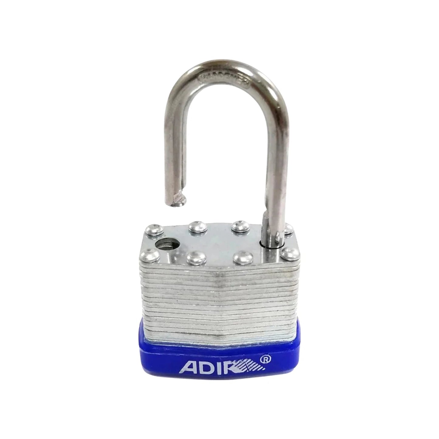Candado de seguridad laminado Adir abierto, cuerpo plateado con base azul