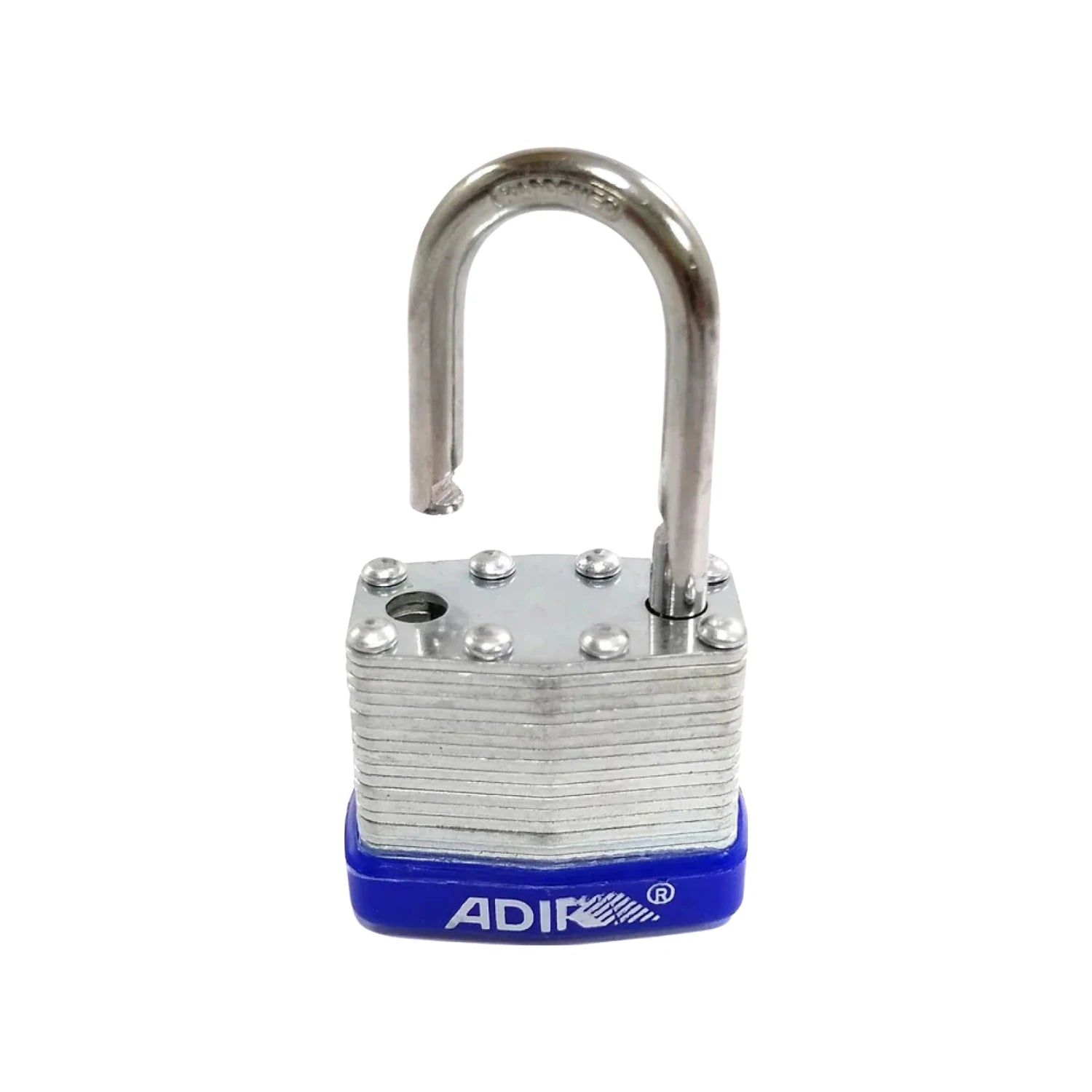 Candado de seguridad laminado Adir abierto, cuerpo plateado con base azul