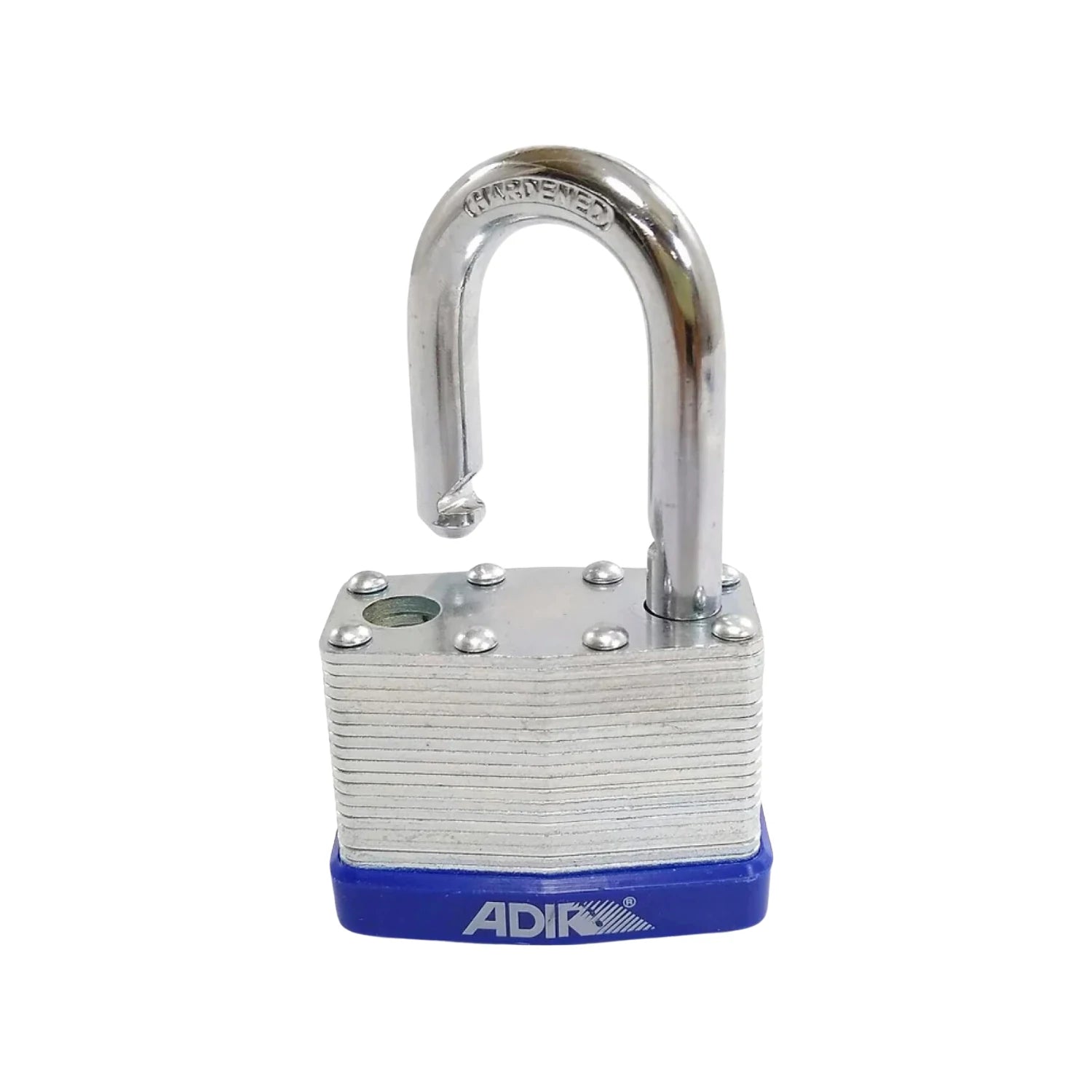 Candado de seguridad laminado Adir, gancho corto endurecido, base azul