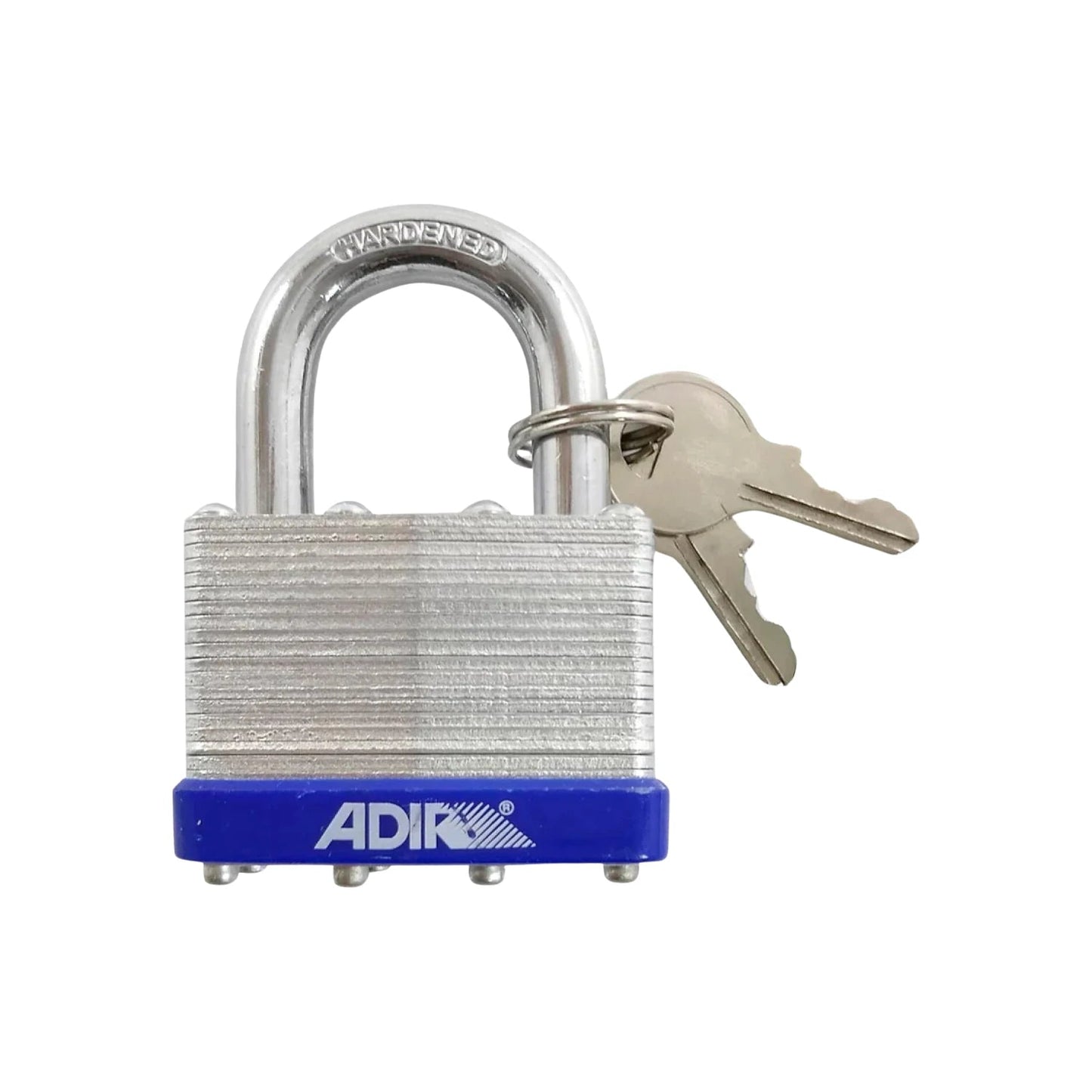 Candado laminado Adir 50mm con gancho corto endurecido y base azul, incluye dos llaves de seguridad