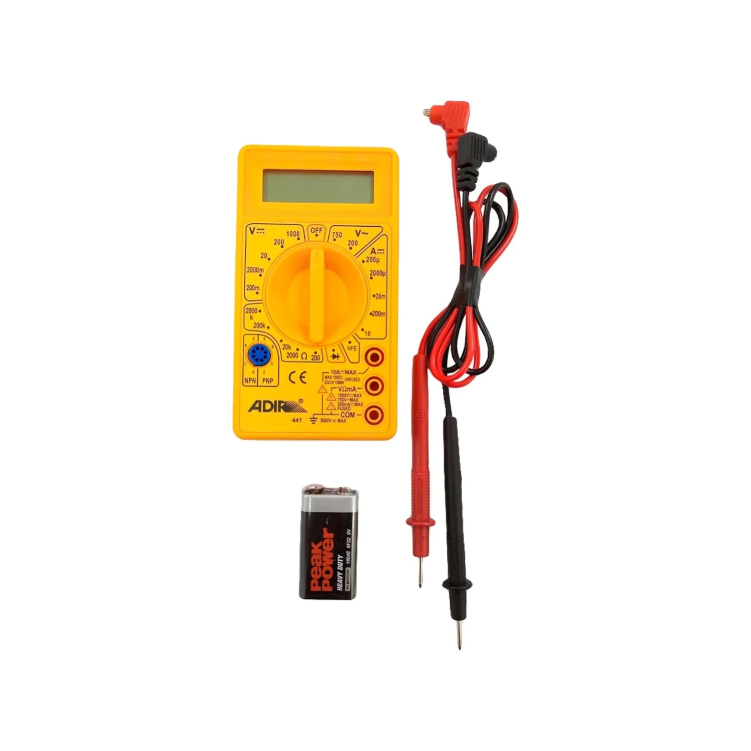 Multímetro digital amarillo Adir 441 con puntas de prueba rojas y negras, y batería 9V para medición eléctrica
