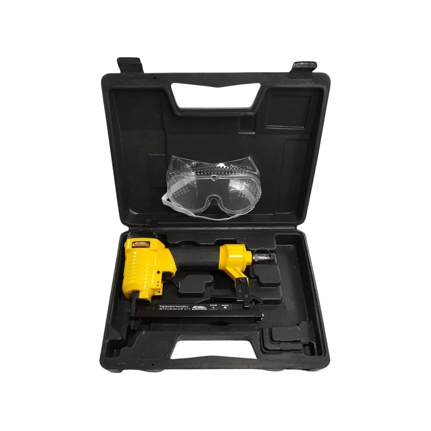 Engrapadora neumática Adir amarilla 9.5 a 25mm (3/8" a 1") en maletín negro con lentes de seguridad.