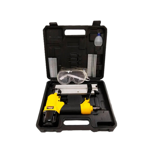 Clavadora y engrapadora neumática Adir amarilla con kit completo, gafas de seguridad y clavos en maletín negro