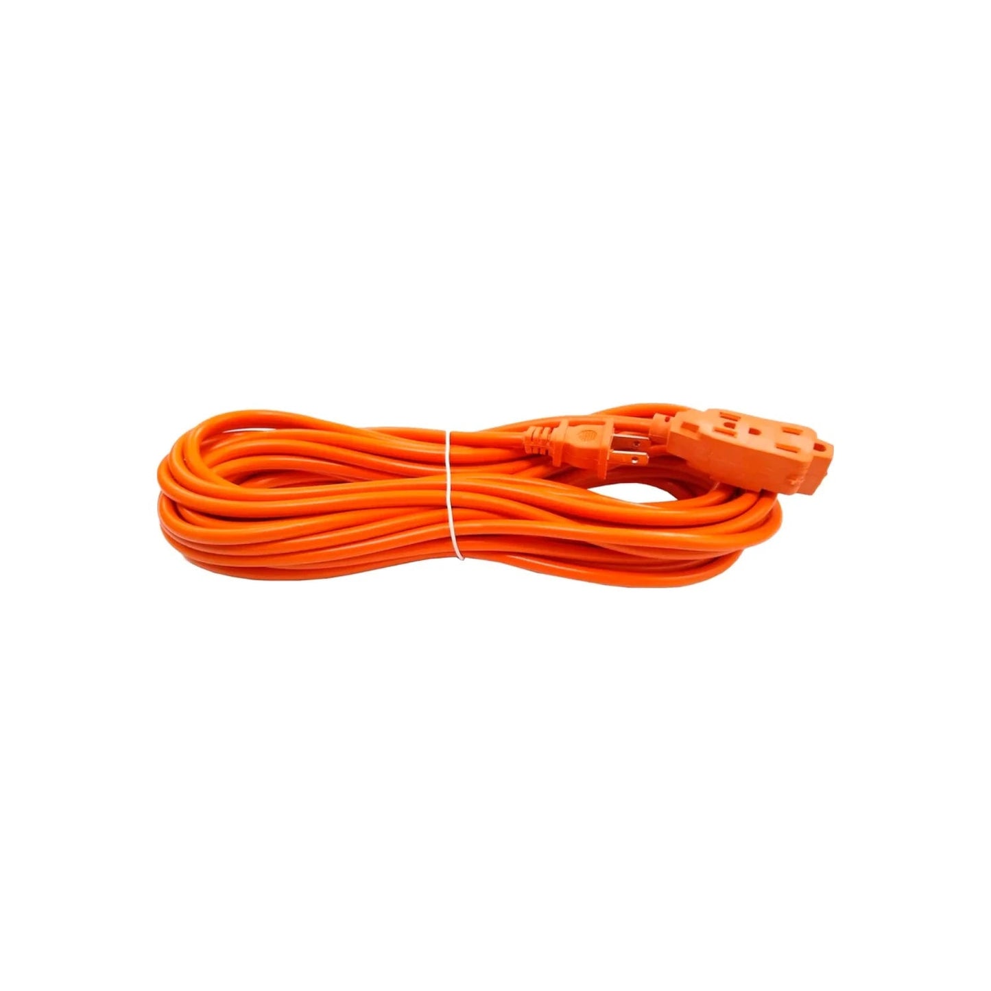 Extensión eléctrica naranja de uso rudo, cable enrollado con enchufe macho y triple tomacorriente hembra.