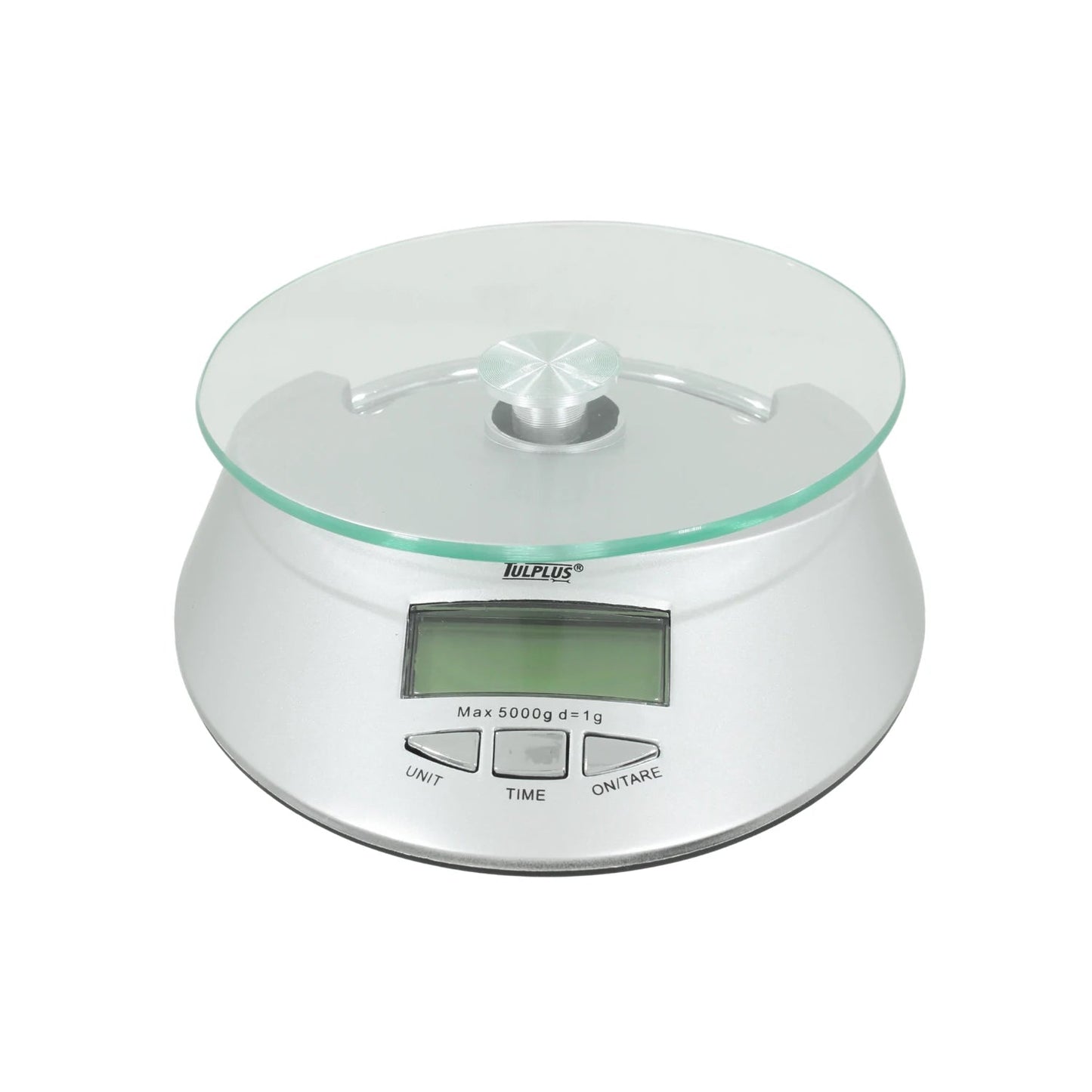 Báscula de cocina digital TULPLUS plateada, charola de vidrio, capacidad 5kg con precisión 1g.
