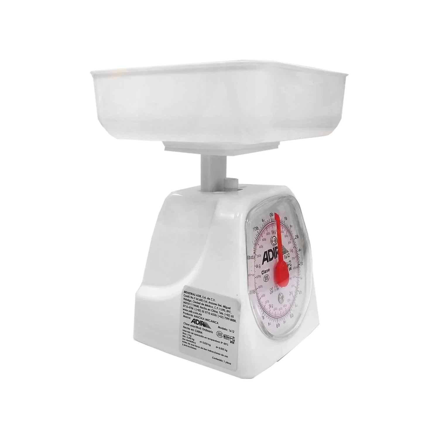 Báscula de cocina mecánica Adir 1612 blanca con charola plástica, 5 kg de capacidad para alimentos.
