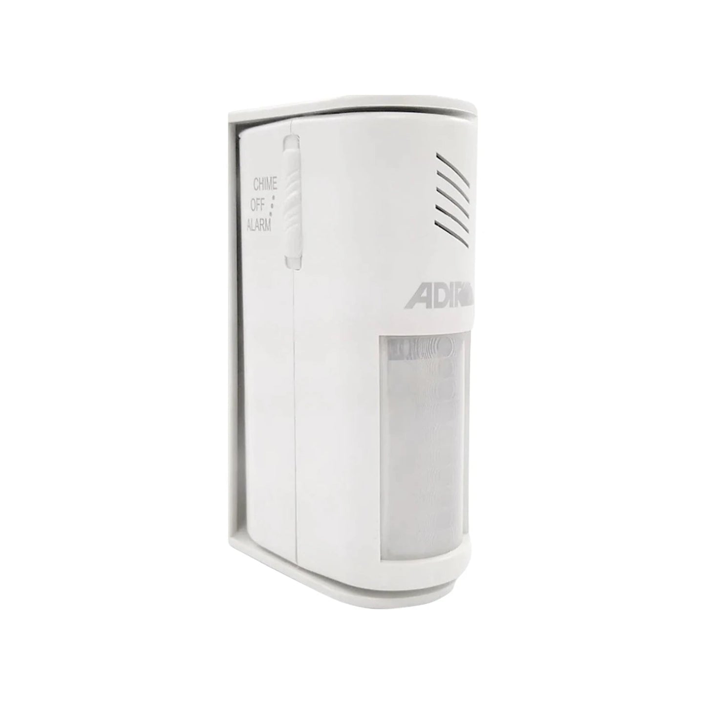 Sensor de movimiento Adir blanco para seguridad con alarma y anunciador, selector chime/off/alarm.