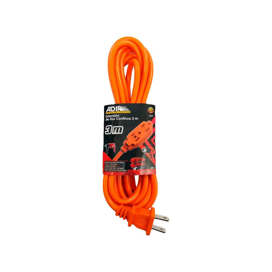 Extensión eléctrica Adir naranja de 3 metros, cable 16AWG uso continuo, ideal para herramientas y taller