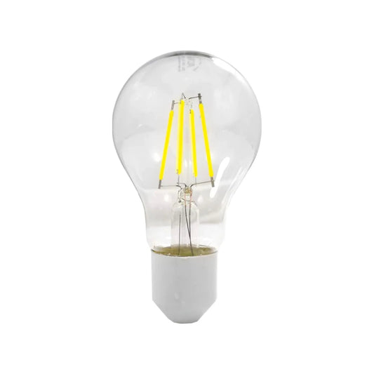 Lámpara LED vintage transparente 4W con 4 filamentos amarillos y base blanca