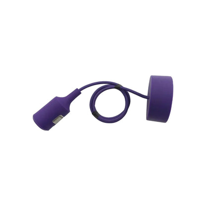 Candil colgante morado tipo socket con cable textil y base para techo, accesorio de iluminación ferretero.