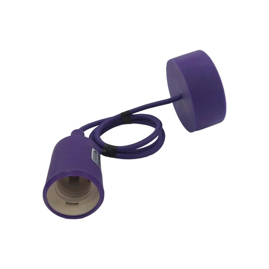 Candil colgante morado con socket portalámparas y cable textil trenzado, incluye chapetón cilíndrico para iluminación decorativa