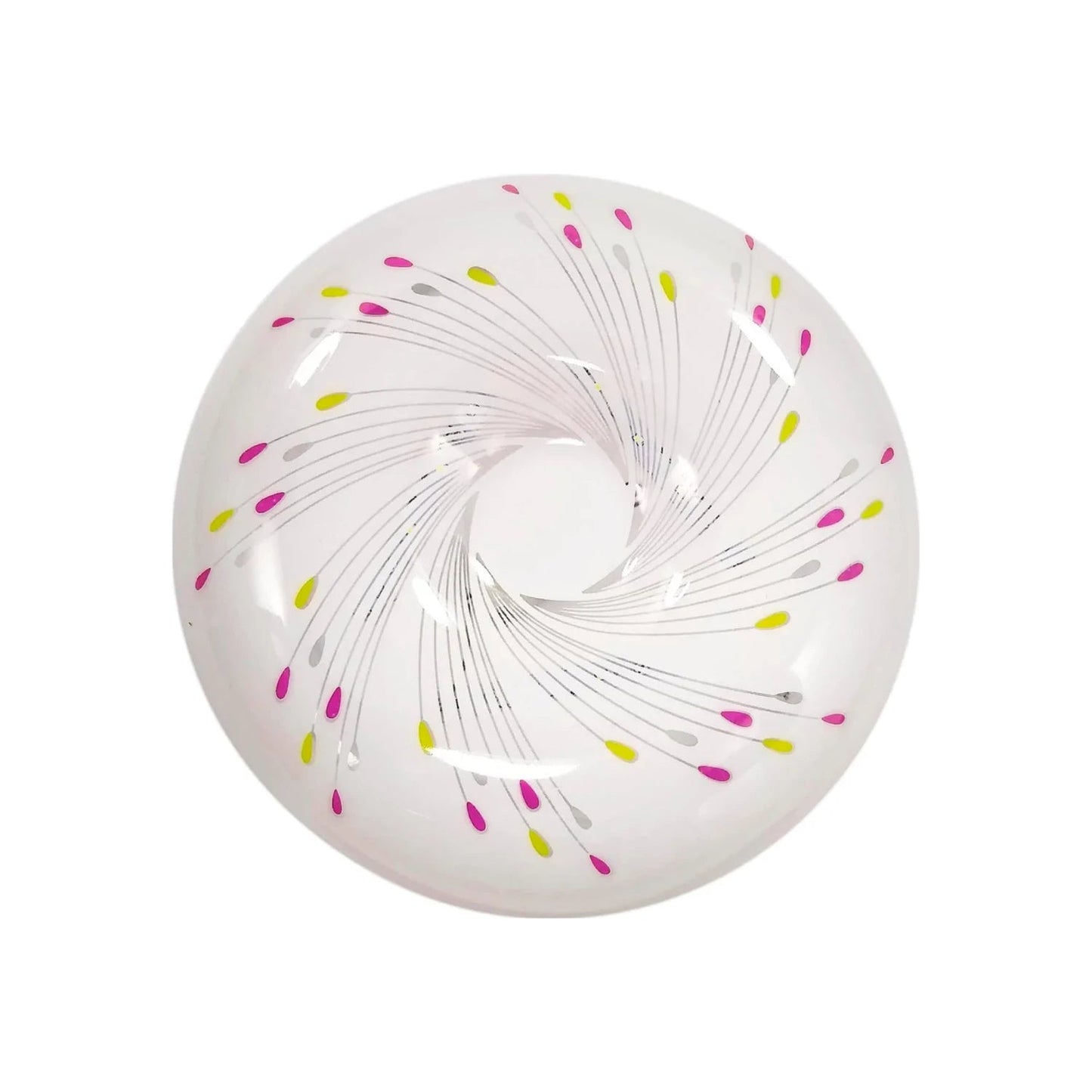 Plafón LED blanco redondo 18W de sobreponer para techo, diseño moderno con patrón decorativo multicolor vibrante.