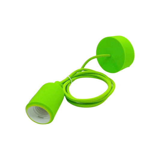 Candil colgante verde tipo socket con cable textil, portalámparas y remate de techo para iluminación decorativa.