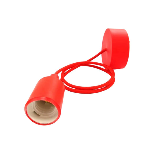 Candil colgante rojo tipo socket E27 con cable textil y base para techo, ideal para iluminación decorativa