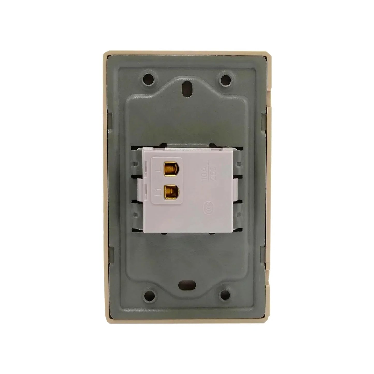 Módulo eléctrico toma corriente 10A 250V, vista posterior. Componente blanco para instalación en placa base beige.