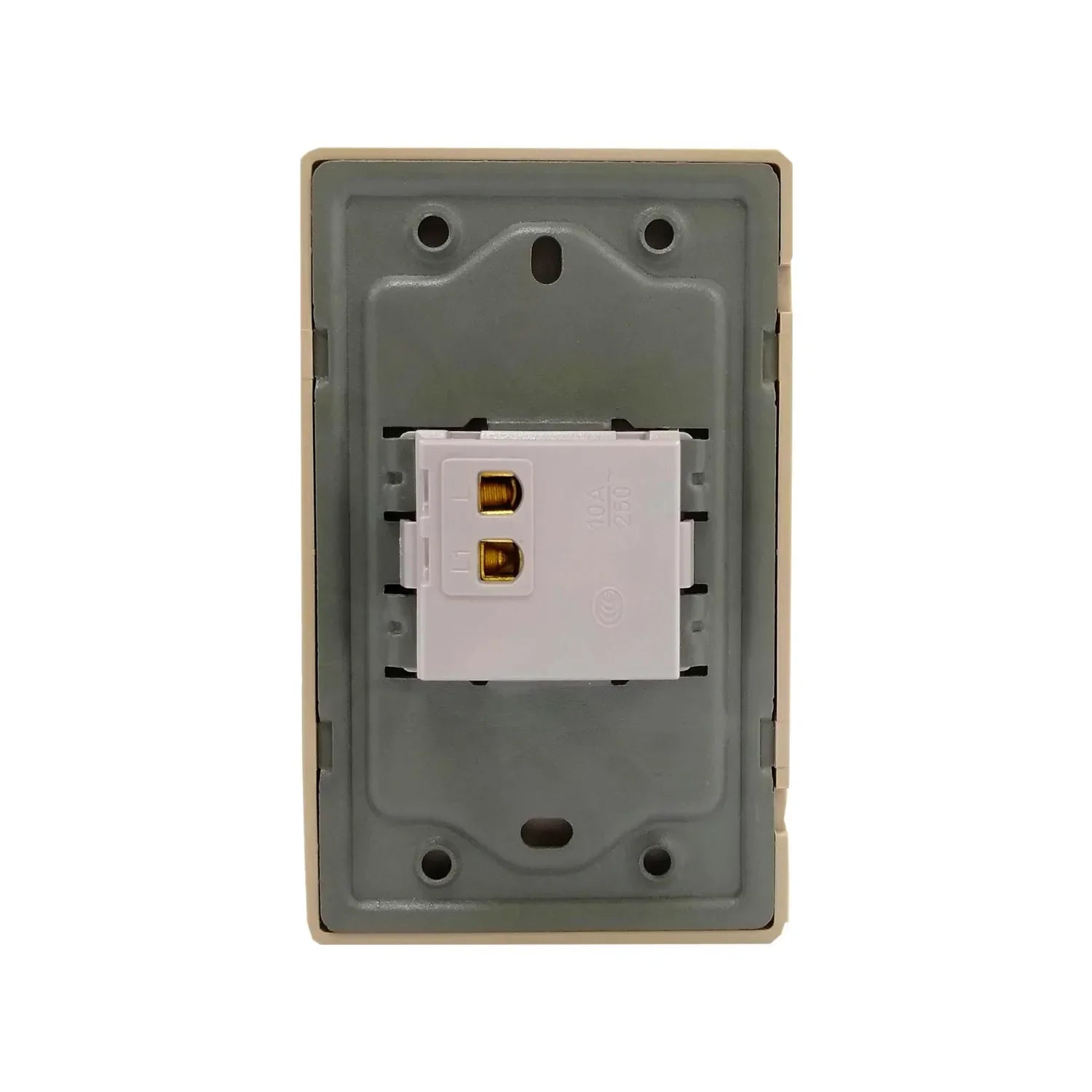 Módulo eléctrico toma corriente 10A 250V, vista posterior. Componente blanco para instalación en placa base beige.