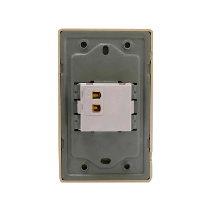 Módulo eléctrico toma corriente 10A 250V, vista posterior. Componente blanco para instalación en placa base beige.