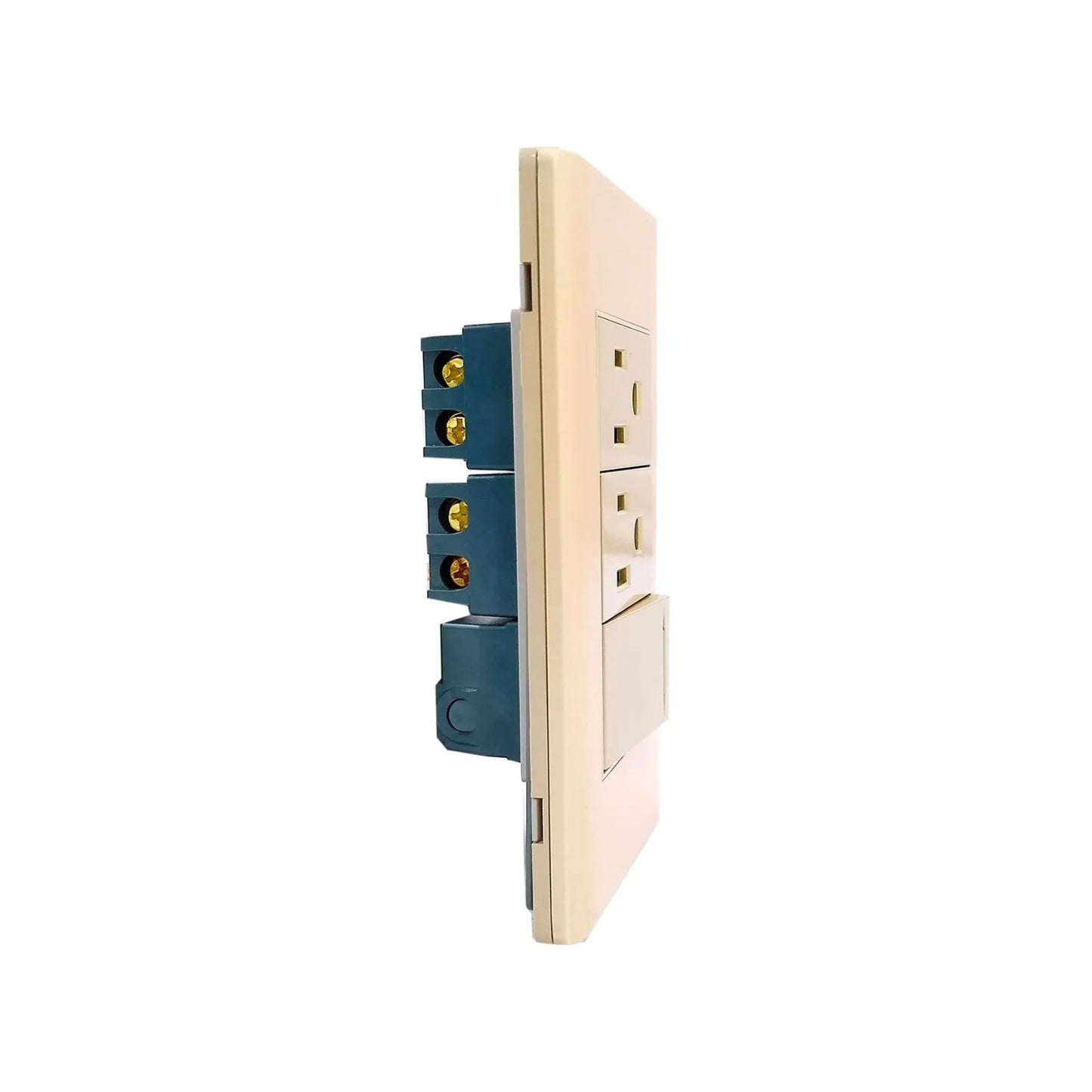 Placa eléctrica beige con 2 contactos y 1 apagador. Vista lateral de bornes de conexión traseros.