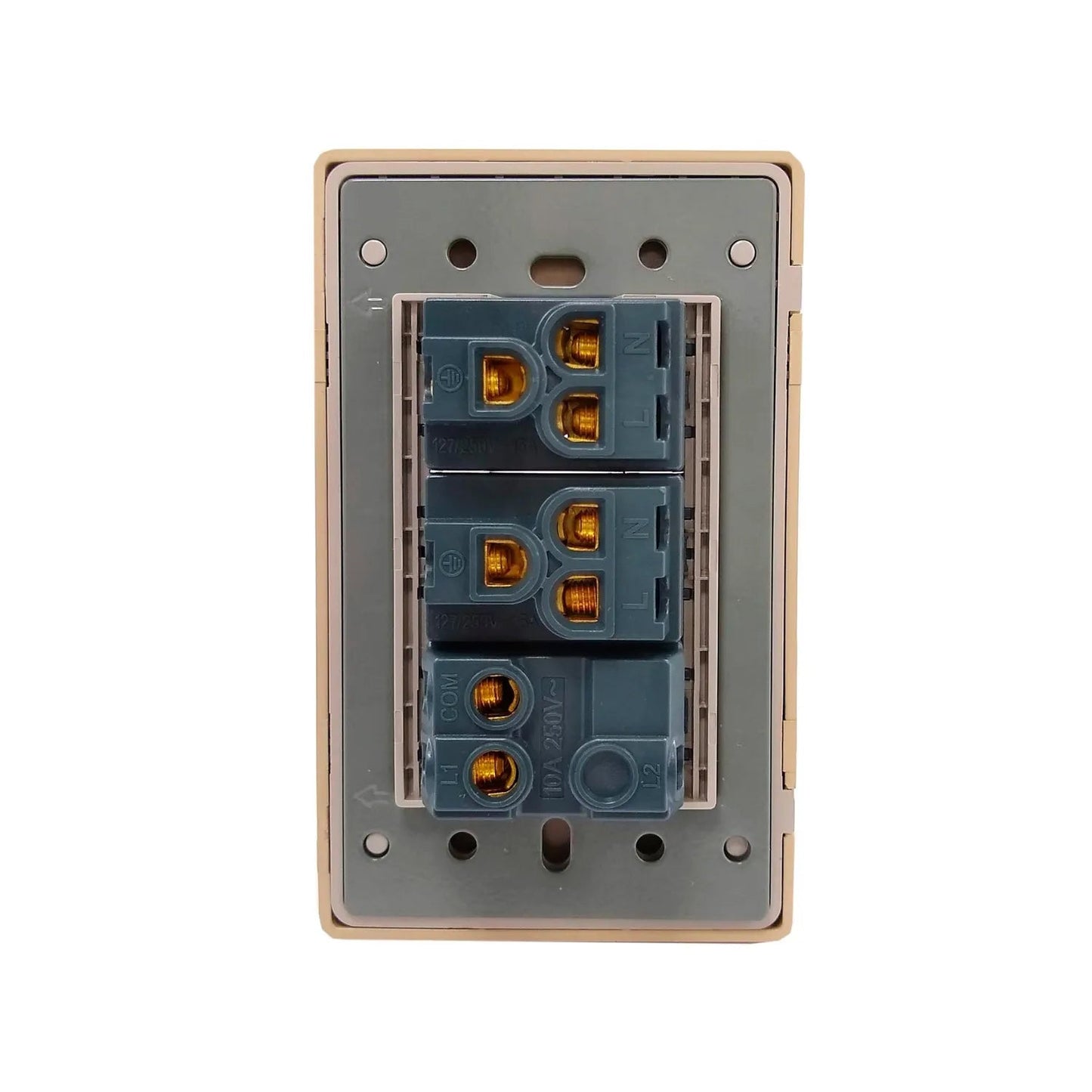 Marco eléctrico con 3 módulos para instalación, terminales L, N, COM, L1, L2, acabado beige, 10A 250V