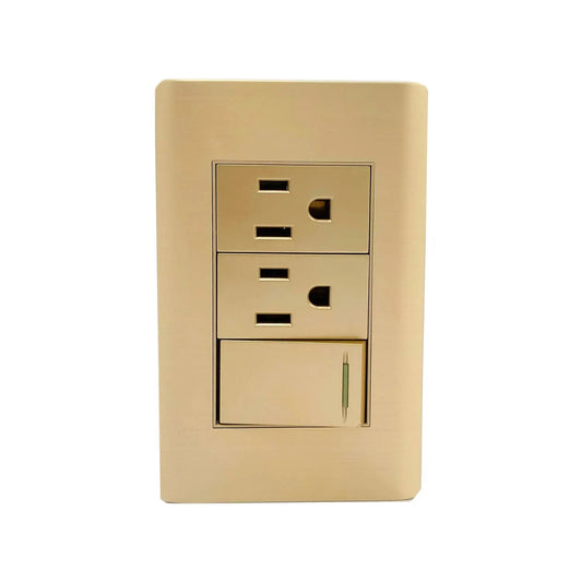 Placa eléctrica con 2 contactos y 1 apagador, color oro rosa, para instalación residencial y decorativa.