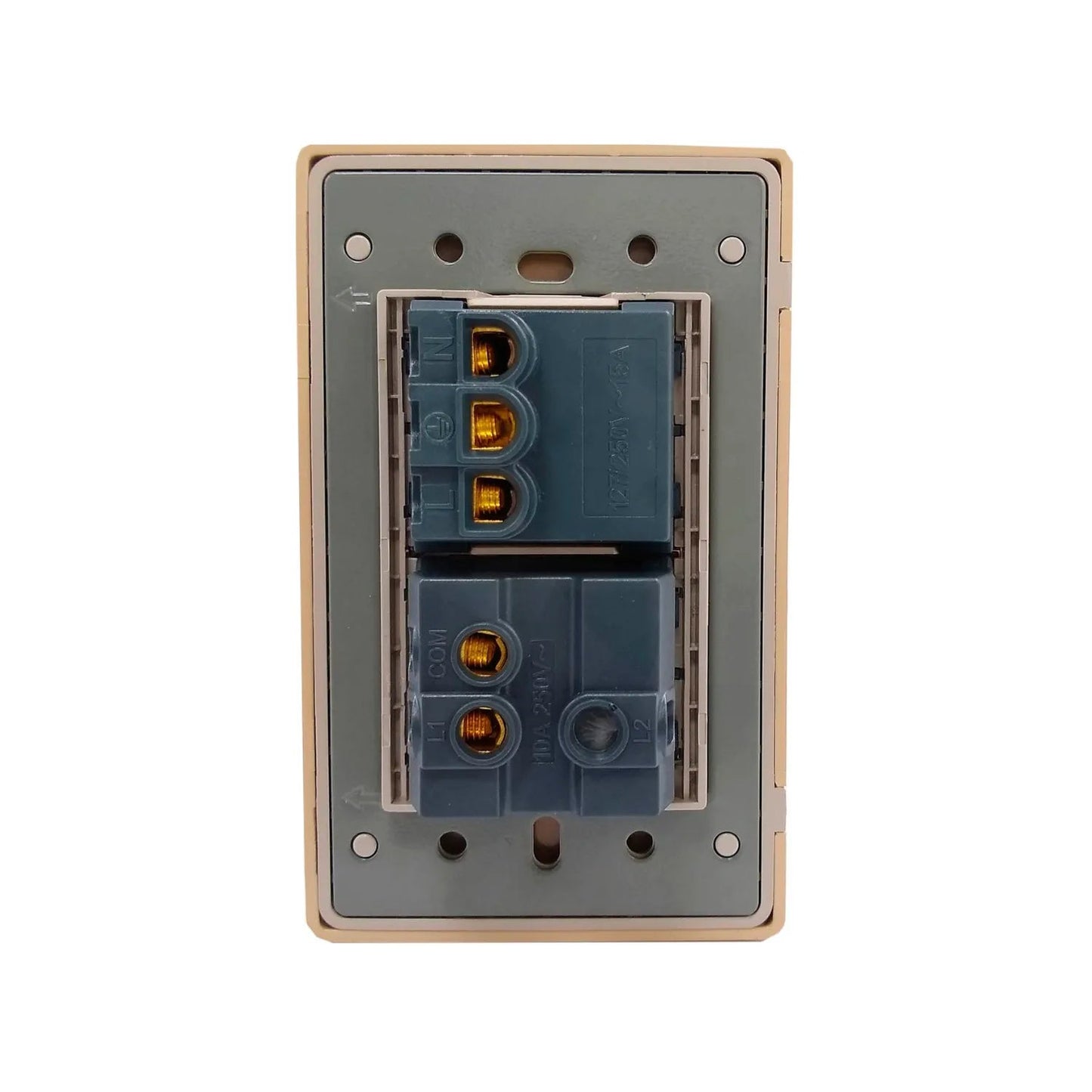 Vista trasera placa eléctrica combinada 1 apagador y 1 contacto, bornes de cableado para instalación, color beige.