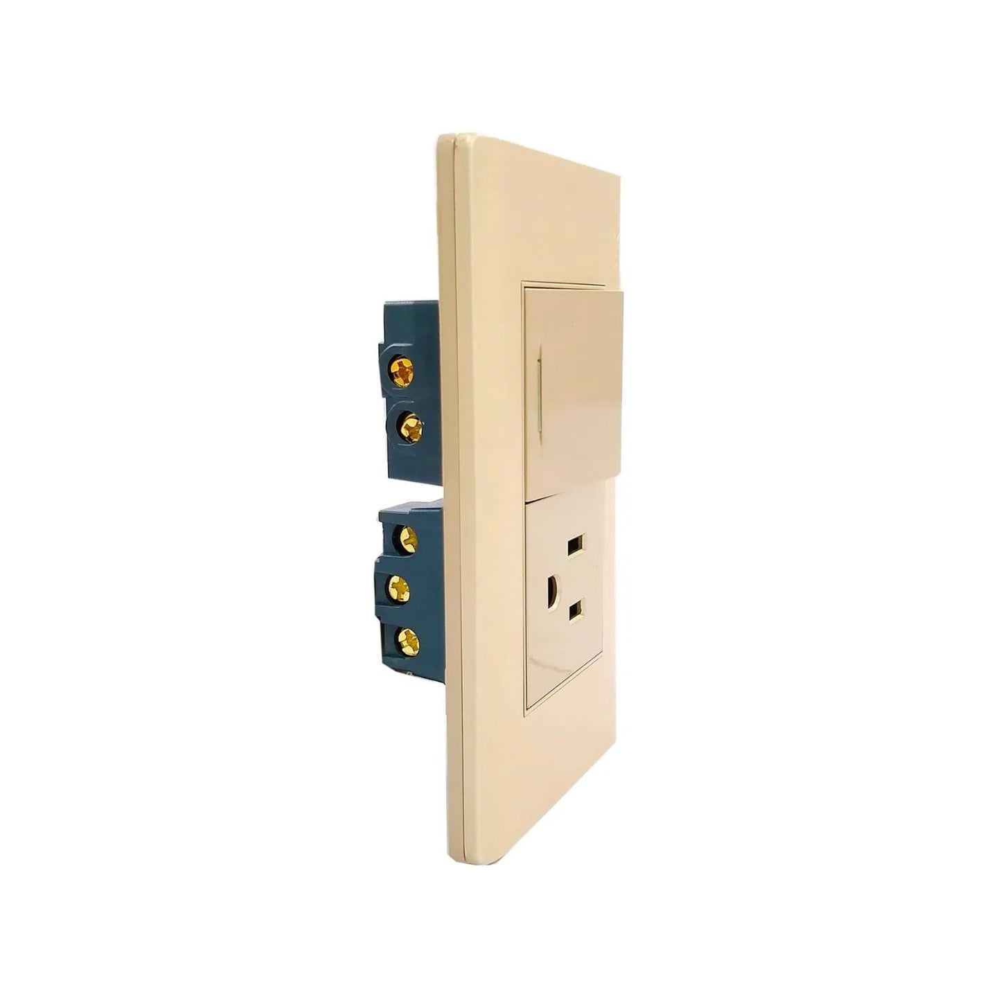 Placa eléctrica beige con 1 apagador y 1 contacto tomacorriente NEMA 5-15R. Vista trasera de conexiones.