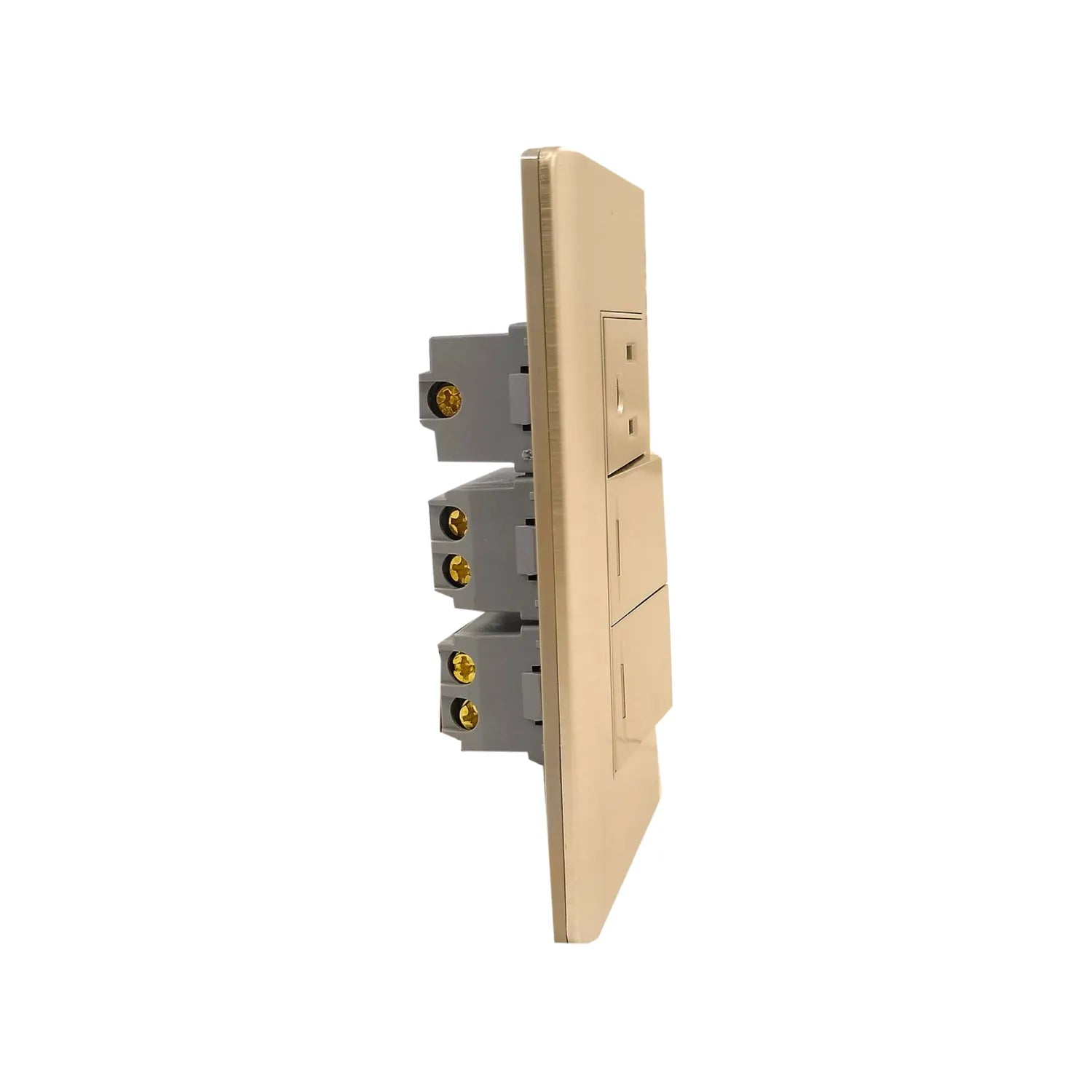 Placa eléctrica rose gold con dos apagadores de luz y un contacto polarizado, vista de perfil lateral