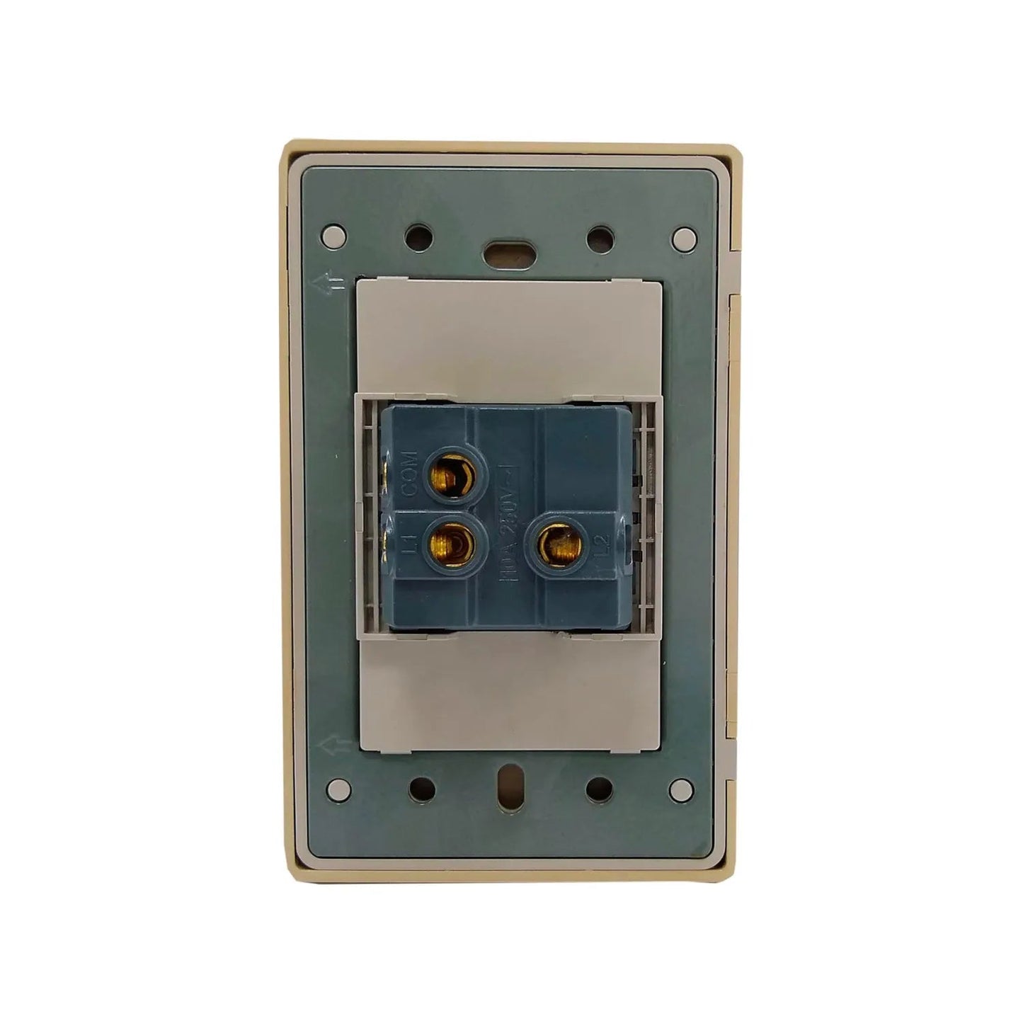 Apagador eléctrico individual beige 10A 250V con terminales de conexión, listo para cableado.