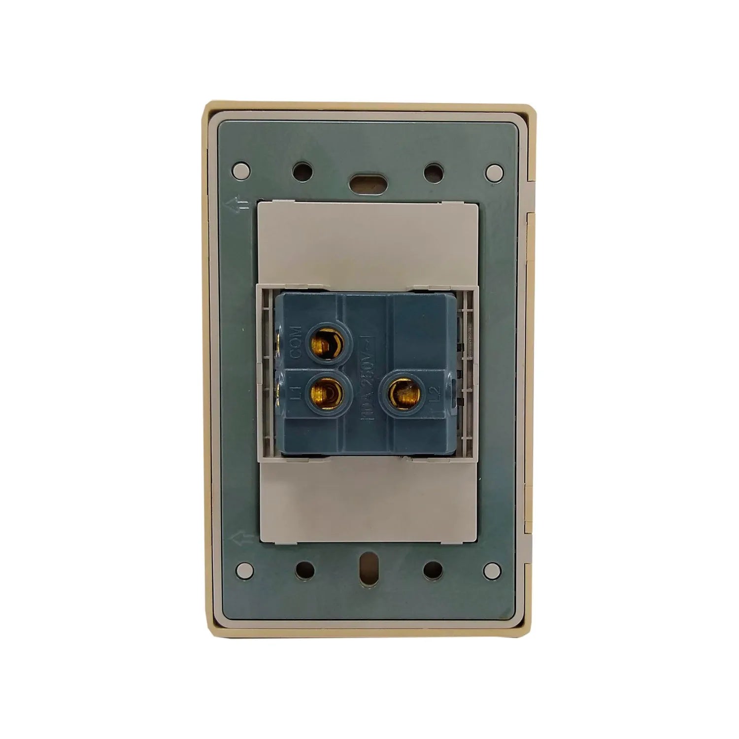 Apagador eléctrico individual beige 10A 250V con terminales de conexión, listo para cableado.