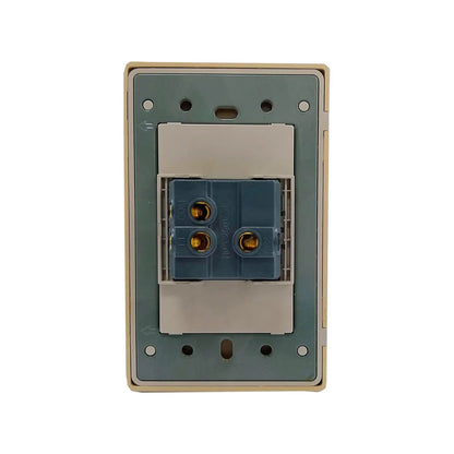 Apagador eléctrico individual beige 10A 250V con terminales de conexión, listo para cableado.