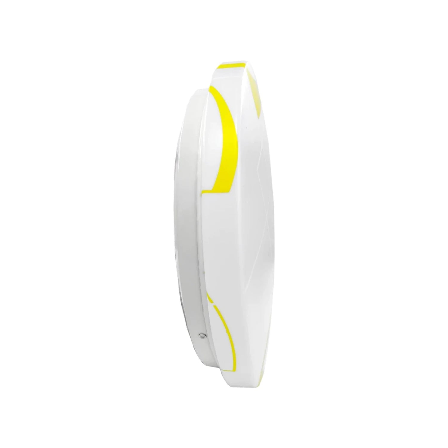 Plafón LED redondo blanco de sobreponer, 15W, con diseño moderno y detalles decorativos amarillos.
