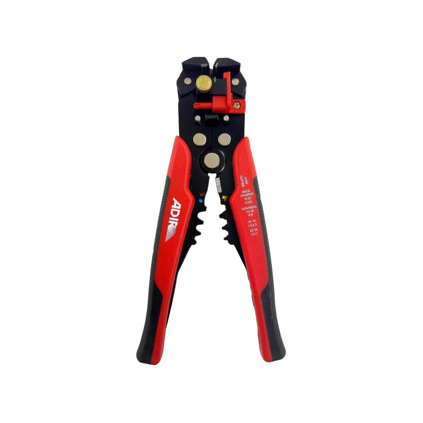 Pinza pelacables automática profesional Adir roja y negra con cortador y crimpadora para cables.