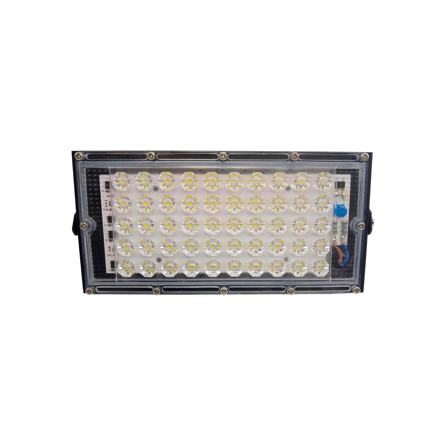 Reflector LED 50W rectangular de luz blanca brillante para exteriores, carcasa negra resistente, iluminación.