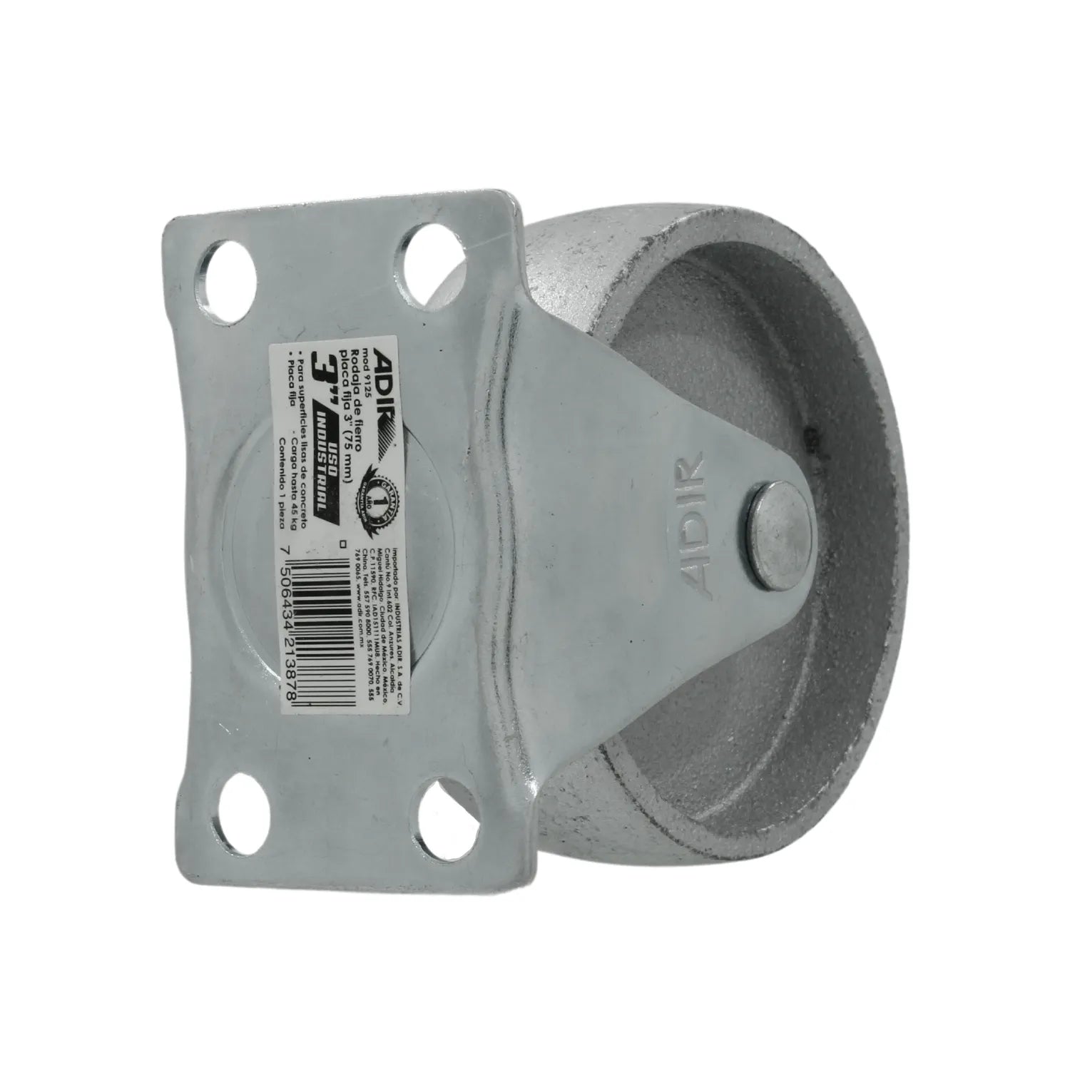 Rodaja fija de hierro ADİR 3" (75mm) industrial para carga de hasta 45kg, color gris metálico.