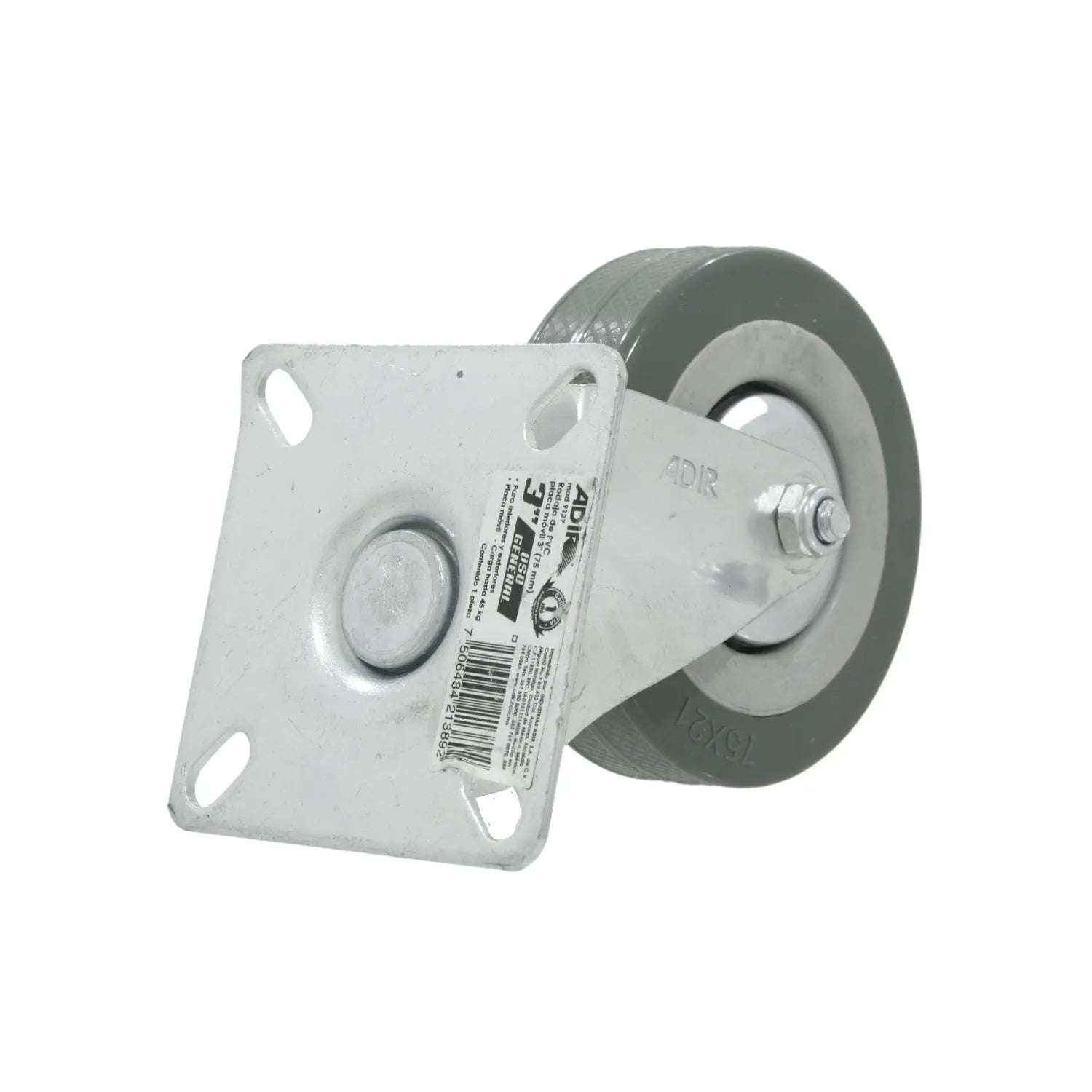 Rodaja giratoria Adir de 3 pulgadas, rueda PVC gris, soporte metálico, capacidad 45kg, modelo 9127