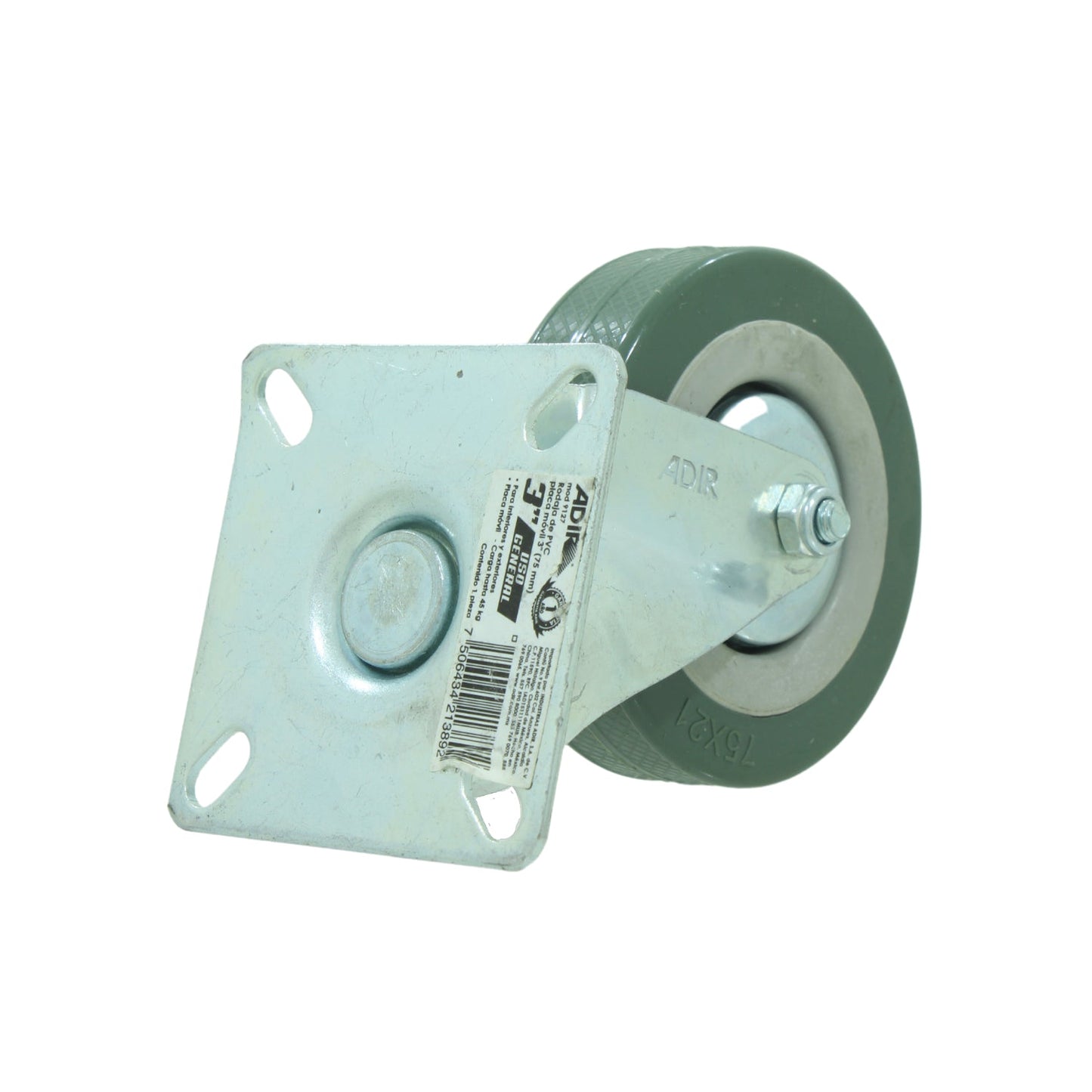 Rodaja giratoria Adir 9127 de 3" (75mm), rueda de PVC verde gris, base metálica para uso general